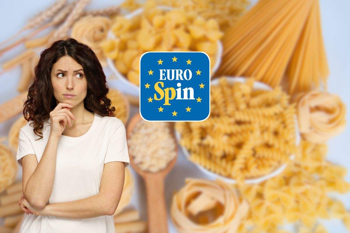 pasta, logo Eurospin e donna che pensa