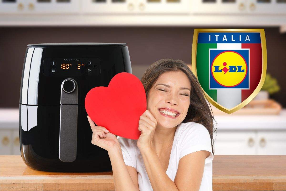 friggitrice ad aria, donna innamorata e logo lidl