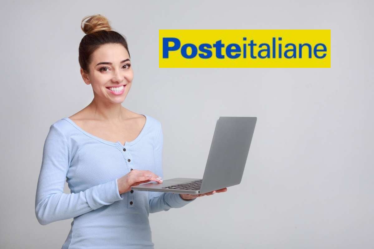 ragazza sorridente con pc aperto, scritta poste italiane